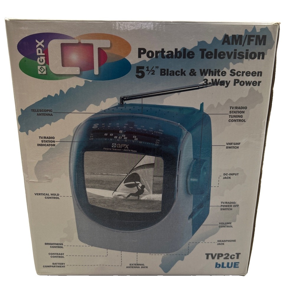 Vintage Black & White 5 1/2" GPX TVP2 Portable TV w AM FM Radio Blue